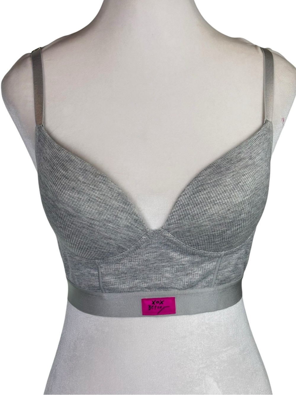 Betsey Johnson XOX Gray Ribbed Padded Bralette Bra Wide Band Size 34B